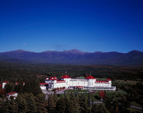 An aerial view of the historic Mount Washington Hotel.