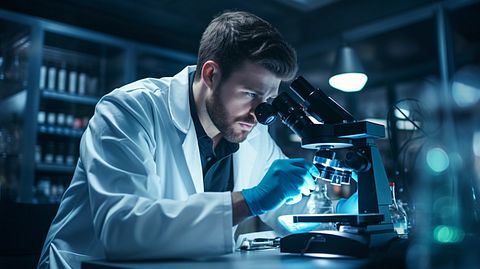 A scientist peering into a microscope, researching the next gene therapy breakthrough.