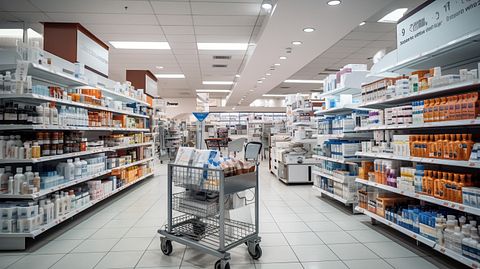 An independent distributor in their pharmacy with a range of biopharmaceutical products on display.