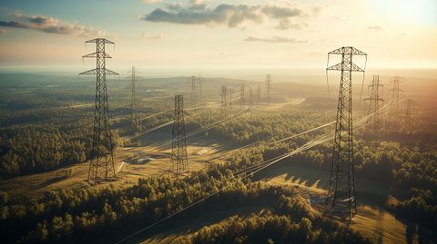 An aerial view of a utility service territory, with transmission lines and substations.