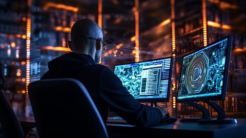 A software engineer working in front of a computer, surrounded by code.