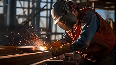 A construction worker using a drill while installing steel framing in a building.