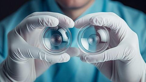 A doctor wearing gloves and a mask holding a pair of contact lenses in their hand.