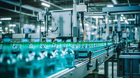 A factory floor with industrial line machinery operating, producing glass containers.