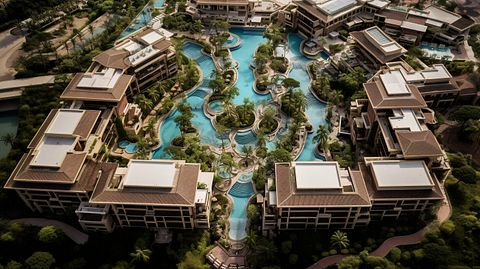 An aerial view of a hotel, its roofs and balconies spread out before a beautiful landscape.