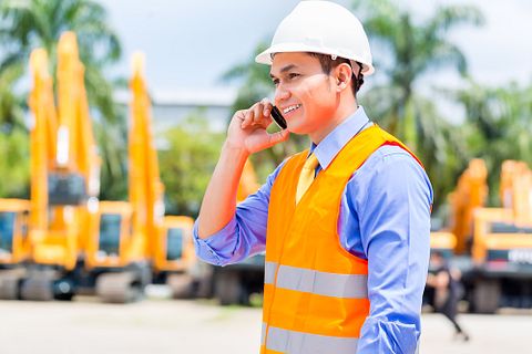 rental, phone, mining, engineer, hardhat, asian, heavy, machinery, digger, telephone, indonesian, male, orange, people, worker, supervisor, equipment, protection,