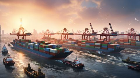 A fleet of ships navigating through a harbor filled with containers.