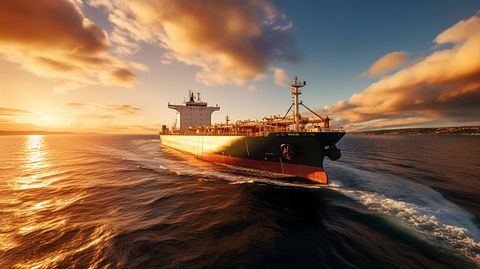 A large tanker vessel navigating through the open sea, its destination a distant port.