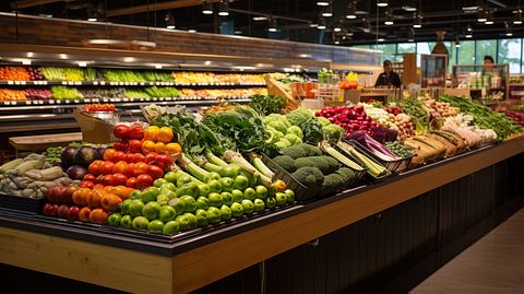 A fresh produce section in a modern grocery store.