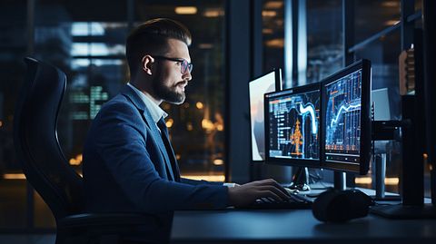 A client happily using a company's software services, powered by automated accessibility solutions.