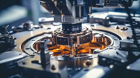 Close-up of precision equipment being used to assemble mechatronic products.