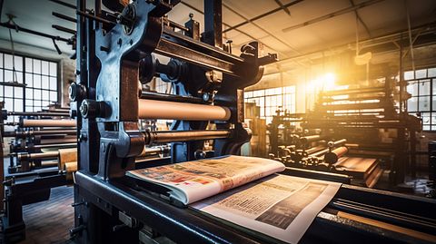 A high tech printing press, producing professional-grade physical books.