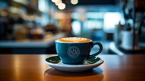 A freshly brewed cup of coffee on a barista's counter with the store's logo in the background.