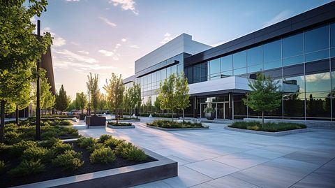 The exterior of a modern shopping center, with its clean lines and well landscaped outdoor areas.