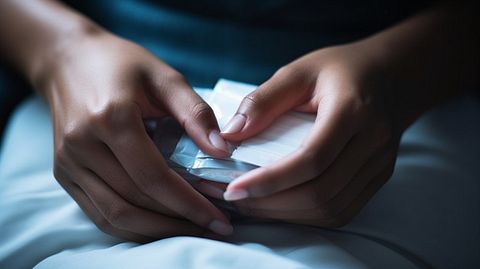 A close-up of an individual woman's hands grooming her body with the company's feminine care products.