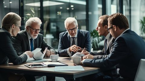 A brokerage employee huddled with a group of retirees discussing retirement portfolios.