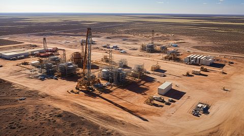 An aerial view of drilling rigs and gas pipelines in West Texas, revealing the company's operations.