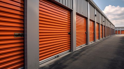 A row of self-storage units in a self-storage complex, showing the affordability and security offered by the company.