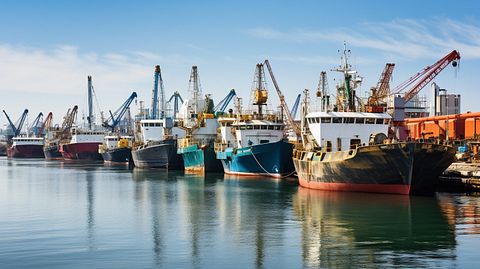 A line of dredgers and cranes at a marine transportation dock.