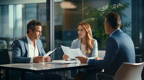 A financial advisor leading a client meeting, explaining different investment options in detail.