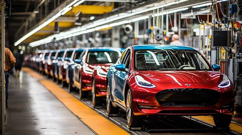 A line of electric vehicles being produced in a Massachusetts-based production facility.