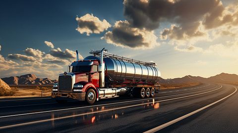 A large tanker truck carrying volatile industrial liquid chemicals, emphasizing the company's transportation capabilities.