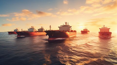 Sprawling oceangoing cargo vessels sailing on a glistening sea.