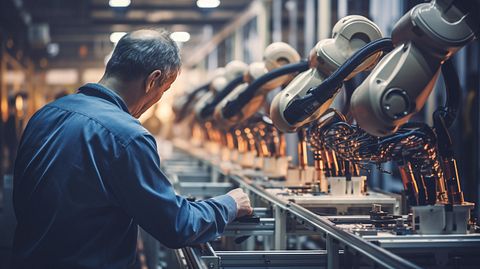 An engineer adjusting a robotic arm in a factory line to control engineered air movement solutions.