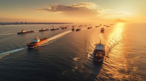 A fleet of tanker ships crossing the sea as they deliver oil and gas to their destinations.