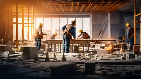 A specialized team of experts installing building materials in a pre-construction plan.