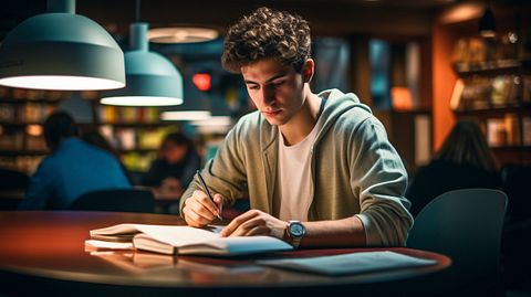 A student studying English language learning materials in a modern learning environment.