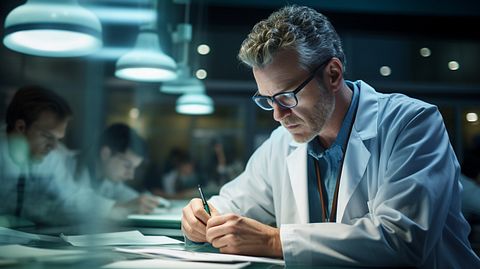 A doctor examining a patient's samples in a modern hospital setting.