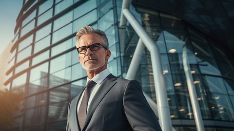 A senior financial executive in a power suit in front of a modern high rise building.