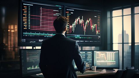 A financial analyst working on a projection screen and researching market trends.