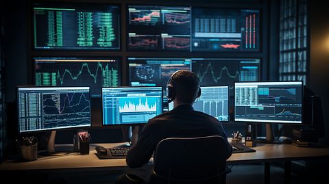 Technicians analyzing research data and benchmarks displayed on multiple screens.