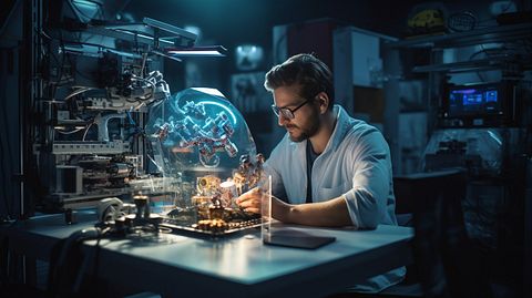 A technician with a 3D printer, surrounded by intricately printed parts.