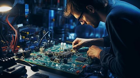 A technician working diligently with a soldering iron, assembling a circuit board.