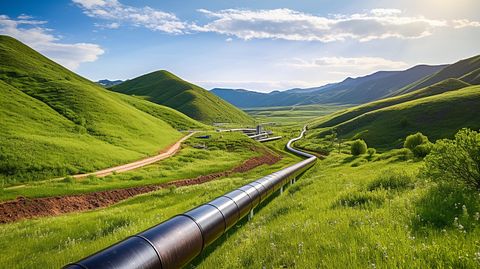 A long pipeline snaking through a rural landscape - symbolizing the companies midstream energy services.