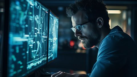 A software company's engineer staring at a computer monitor with intense concentration.