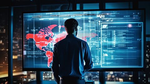 A technician pointing at a projection of the company's geolocation software.