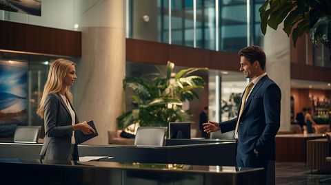 A busy banker talking to a satisfied customer in a sleek lobby.
