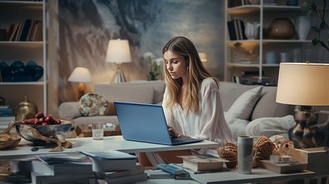 A professional interior designer carefully selecting items from the company's online marketplace.