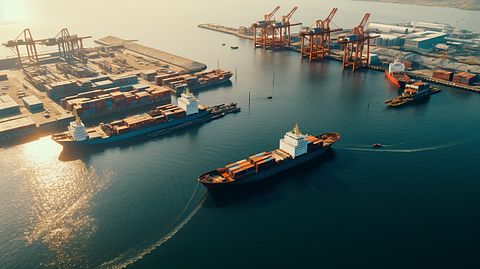 Aerial view of a deep-water port, with cargo ships coming and going.