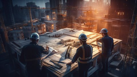 A team of construction workers managing a complex engineering project.