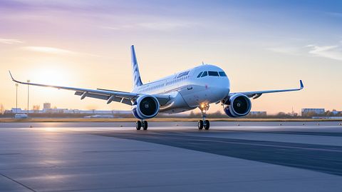 An Airbus A320ceos ready to take off from the runway of the company's corporate airport.
