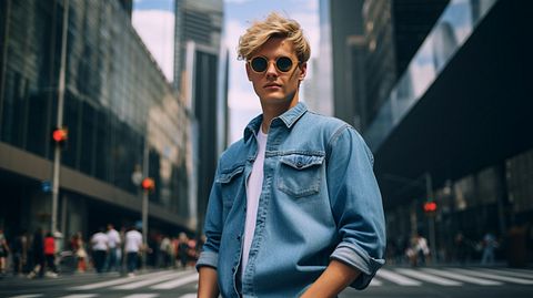 A young person confidently wearing a denim outfit and eyewear in the street.