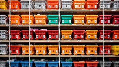 Rows of shelves stocked with containers for consumer goods, showing the broadness of the company's selection.