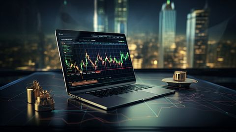 A table full of technology, with bitcoin mining rigs and a laptop showing a financial graph.