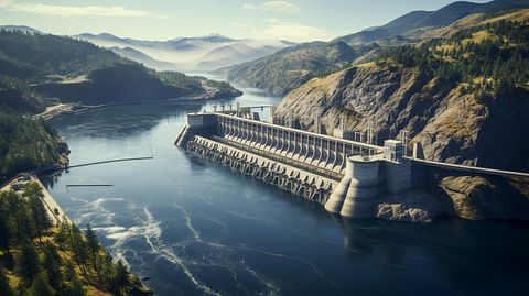 A stunning aerial view of a mountainside with a hydroelectric power station in the foreground.
