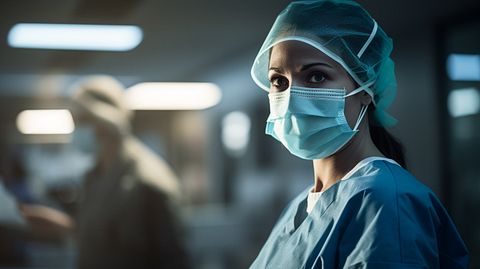 A healthcare professional in scrubs, busy at work at a hospital.